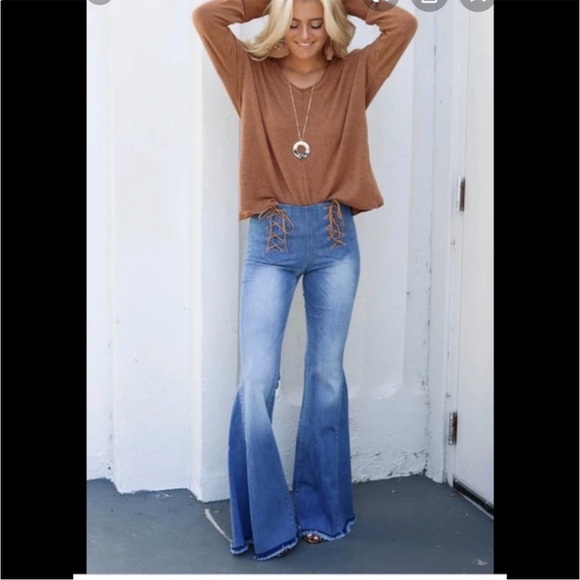 Judith March Denim Jeans S Flare Bell Bottom Leather Lace Up High Rise Boho 70’s - Picture 2 of 13